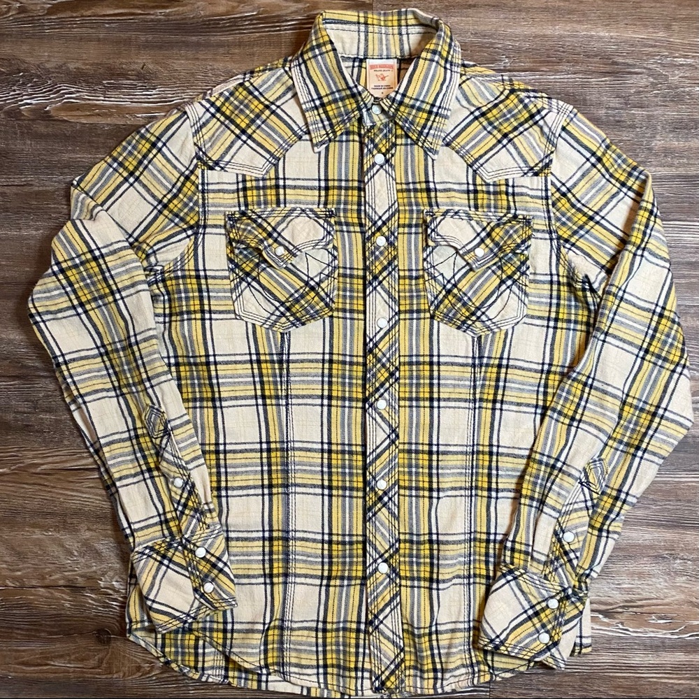 Men’s True Religion Pearl Snap Western Plaid Flannel Shirt Small Yellow Black